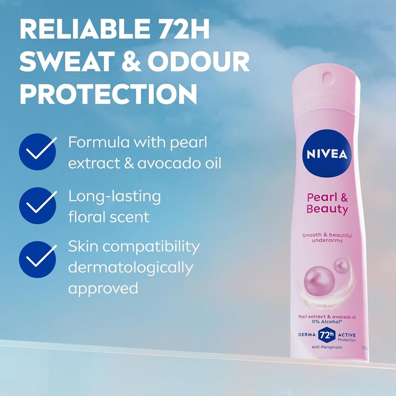 NIVEA Pearl & Beauty Antiperspirant Deodorant for Women, 3-Pack, 150ml Each, 72H Active Protection, Alcohol-Free - Image 2